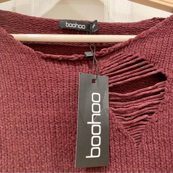 Boohoo Emma Maroon Distressed Chenille Jumper Sweater - Picture 5 of 10